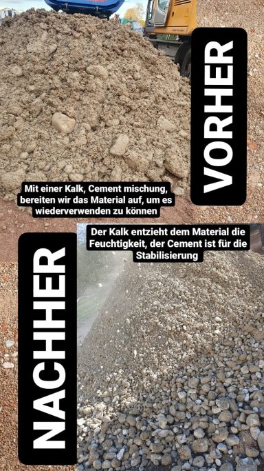 Zwei Bilder von einem Materialhaufen, mit den Beschriftungen 'Nachher' und 'Vorher'.
